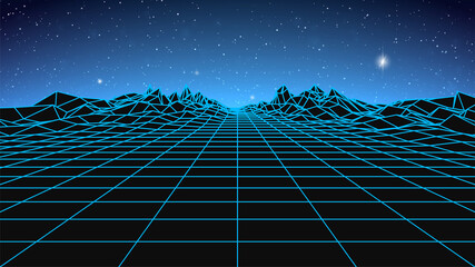 Wall Mural - synthwave background. dark retro futuristic backdrop with blue wireframe landscape and sky full of s