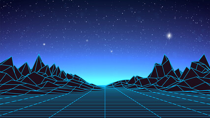 Wall Mural - synthwave background. dark retro futuristic backdrop with blue wireframe landscape and sky full of s