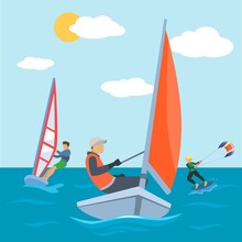 Water Sport At Sea, Kite And Surfing Activity Vector Illustration. Extreme Surfer People Character Have Active Fun At Summer Beach. Surf Boat At Wave Background, Cartoon Board And Kitesurfing.