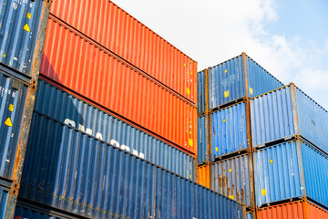 Background of container box stack for freight cargo shipping. Logistics import export business at factory warehouse.