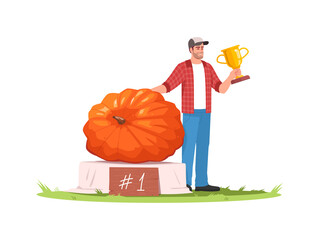 Sticker - Harvest festival competition semi flat RGB color vector illustration. First place pumpkin, male winner with prize. County fair contest winner isolated cartoon character on white background