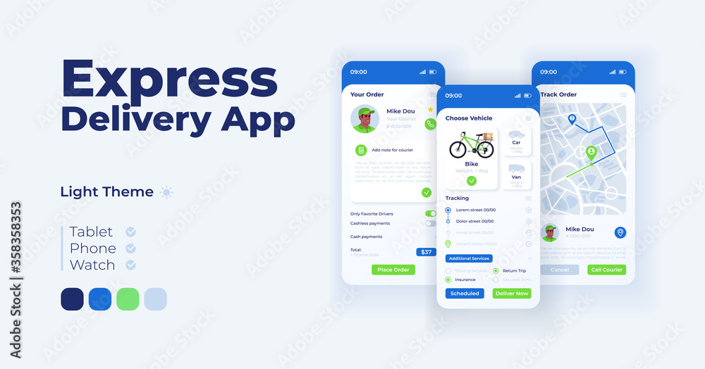 Express delivery app cartoon smartphone interface vector templates set ...