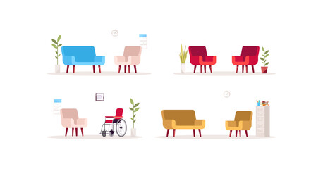 Sticker - Psychologist workplace semi flat RGB color vector illustration set. Office for consultation. Rehab center, corporate interior. Couche isolated cartoon objects on white background collection