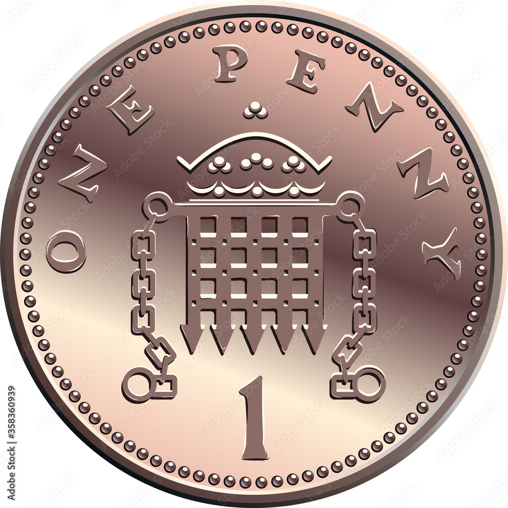 Vector british money bronze coin One penny, crowned portcullis with chains  on reverse 스톡 벡터 | Adobe Stock
