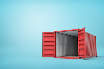 Poster - 3d rendering of open empty red barge container with white insides on blue background.