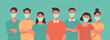 group of character people wearing surgical face mask to prevent virus spreading and standing together, vector flat illustration
