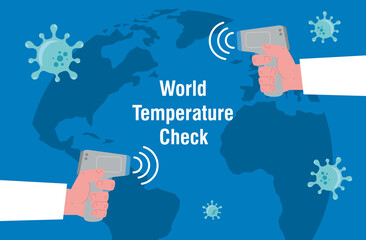 Sticker - hands with digital non contact infrared thermometers,world map international, prevention of coronavirus disease 2019 ncov vector illustration design