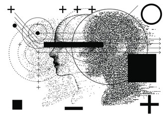 Poster - artificial intelligence and virtual reality concept. 3d human head made of pixels.