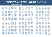 Business And Marketing, Programming, Data Management, Internet Connection, Social Network, Computing, Information. Thin Line Blue Icons Set. Flat Vector Illustration