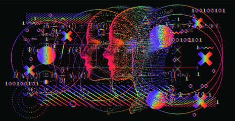 Aufkleber - Artificial Intelligence and Virtual Reality concept. 3D human head made of pixels in neon holographic vivid colors on dark background.