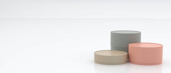 Poster - 3rd cylindrical boxes of various sizes, pastel colors on the floor and white background, semi-glossy, with reflections, concepts, gift box package, 3d rendering