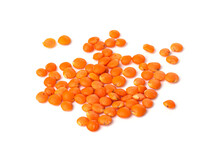 A Pile Of Raw Red Lentils Isolated On A White Background. Useful Product. Healthy Lifestyle