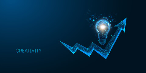 Wall Mural - Futuristic creative idea, business strategy, success concept with glowing low polygonal light bulb and arrow chart