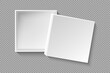 © Roman - Realistic open box with cap. 3d cardboard mockup with shadow on transparent background. Empty carton paper square with lid cover. Open gift box or white blank package. Vector illustration.
