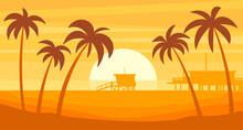 Silhouette Landscape Of Santa Monica Beach With An Amusement Park.
