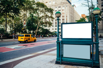 Wall Mural - New York City Subway entrance with Clear empty billboard with copy space area for advertising text message or content, public metro transportation information board, promotional mock up on city street