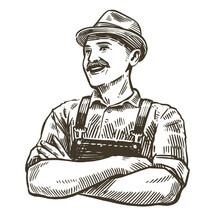 Hand-drawn Sketch Happy Farmer. Farming, Agriculture Vintage Vector Illustration