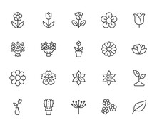 Flower Line Icon Set. Rose, Tulip In Vase, Fruit Bouquet, Spring Blossom, Cactus Minimal Vector Illustration Simple Outline Signs For Flowers Delivery Application. Pixel Perfect Editable Stroke