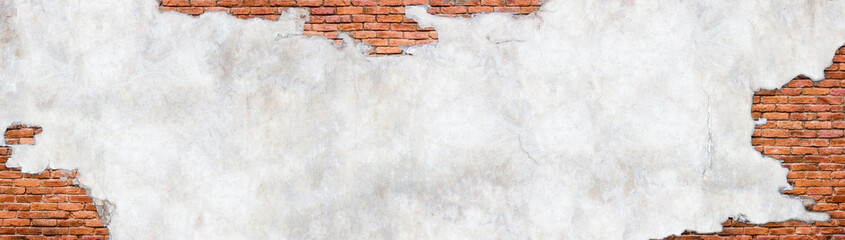 Wall Mural - Vintage brick wall background, surface with crumbling plaster.  Old brickwork and destroyed concrete.