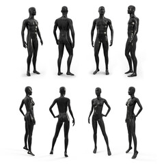 Wall Mural - Black plastic female and male mannequin for clothes. Side, front and back view. Plastic mannequin for clothes and shop window decoration. 3d illustration isolated on a white background.