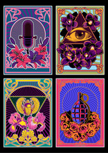 Psychedelic Posters 1960s Hippie Art Style, Microphone, Eye In Triangle, Egyptian Scarab, Grenade, Flowers Psychedelic Colors, Art Nouveau Frames