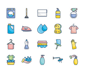 Sticker - toilet pump and cleaning tools icon set, line fill style