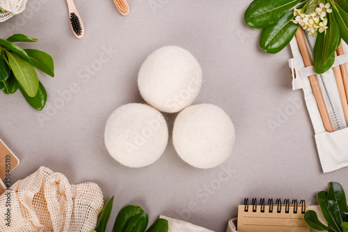 Balls for washing from wool of sheep. Ecological products for the home and reasonable consumption. Sustainable lifestyle. Plastic free concept. Zero waste concept