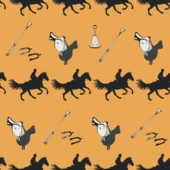 Wall Mural - silhouettes of sports horses and riders isolated on a orange  seamless background