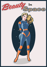 Woman Astronaut Space Pin Up Poster, Retro Futurism Style, Beauty, Astronaut Suit, Helmet, Mid Century Modern Art Style