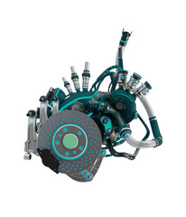 Sticker - Metal artificial heart with deep green matte parts. 3d rendering of robotic heart organ on light background
