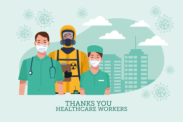 Wall Mural - group of healthcare workers characters with thank you message