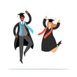 Set of happy jumping young couple, boy and girl. Cartoon students in graduation gowns and caps. Educated university or collage graduating people characters. Flat isolated vector illustration.