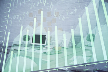 Multi exposure of stock market chart drawing and office interior background. Concept of financial analysis.