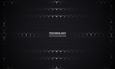 Dark hexagonal abstract technology background. White bright flashes under hexagon in modern technology futuristic dark vector illustration. Black honeycomb texture grid.