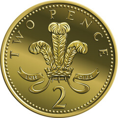 Vector Reverse of British gold coin Two pee or 2 pence with Badge of Prince of Wales, plume of ostrich feathers within a coronet