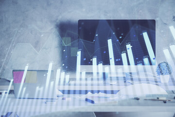 Multi exposure of financial graph drawing and office interior background. Concept of market analysis.