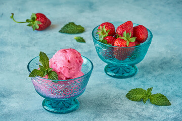 Poster -  Strawberry ice cream  , sorbet in bowl with mint leaves