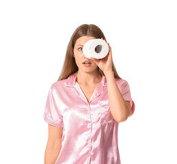 Wall Mural - Young woman with toilet paper on white background