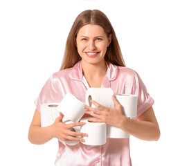 Wall Mural - Young woman with many rolls of toilet paper on white background