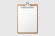 Real photo, wooden clipboard with blank A4 paper mockup template, isolated on light grey background. High resolution.