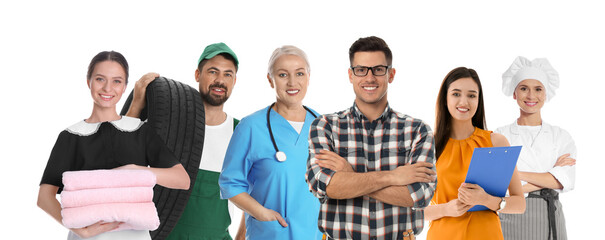 Wall Mural - Career choice. People of different professions on white background, banner design