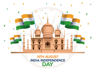 Poster - India independence day celebration with taj mahal mosque and flags