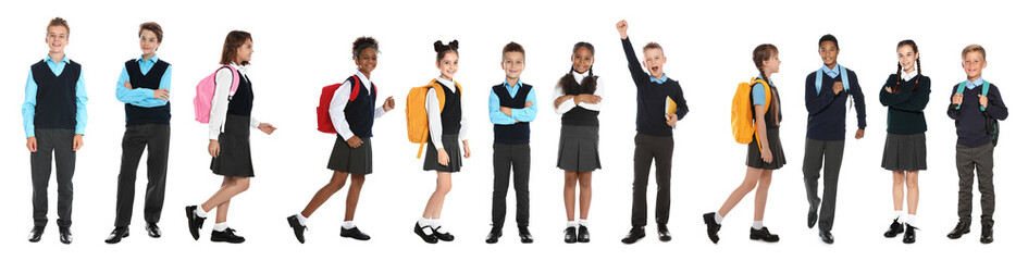 Wall Mural - Children in school uniforms on white background. Banner design