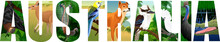 Vector Australia Word With Animals With Lyreburd, Dingo, Bat, Parrot, Crocodile, Kookaburra, Kangaroo And Cassowary