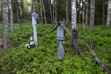 Russia, Karelia: 06.07.2019: White nights. Dawn on Lake Muezero. Russian Orthodox Old Believers' cemetery on Trinity Island