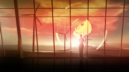 Wall Mural - business woman in her office on the background of wind farm and infographics.