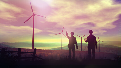Wall Mural - silhouettes of engineers watching wind farms at sunset.