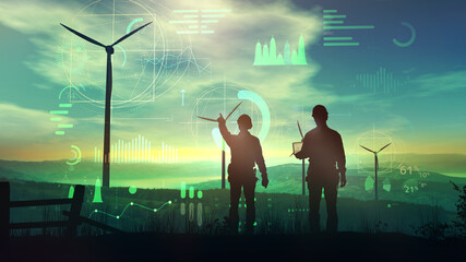 engineers are watching over the work of wind turbines and virtual data.