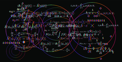 Quantum mechanics equations and formulas on the blackboard. Study and science concept.