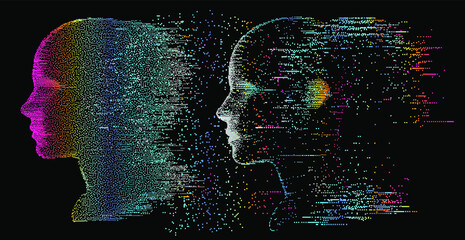 Aufkleber - Artificial Intelligence and Virtual Reality concept. 3D human head made of pixels in neon holographic vivid colors on dark background. Vaporwave and Synthwave style illustration.